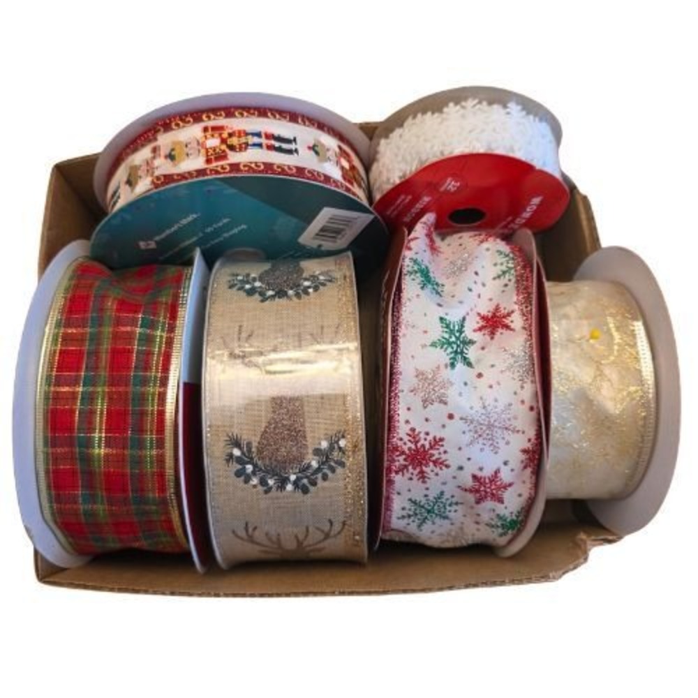 Christmas Ribbon Lot Glitter Wired Edge Nutcracker Reindeer Snowflake 6 Spools